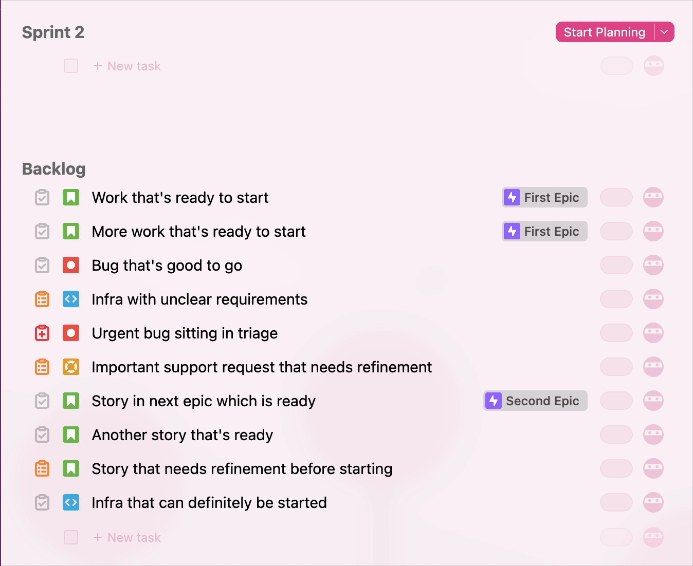 Animation showing ready tasks being easily identified and pulled into a sprint during sprint planning